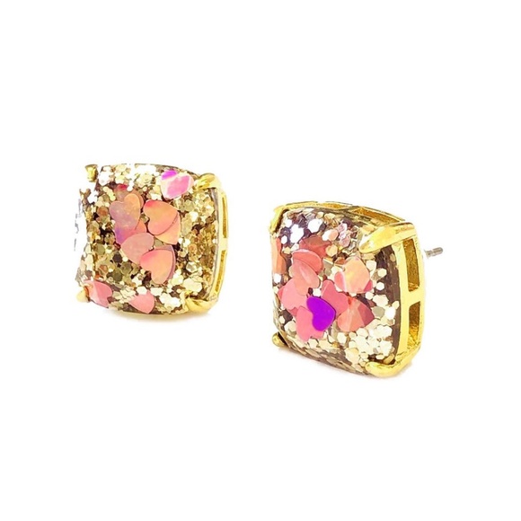 NEW Kate Spade Gold Glitter 1/2” Studs with Iridescent Hearts - Picture 5 of 5